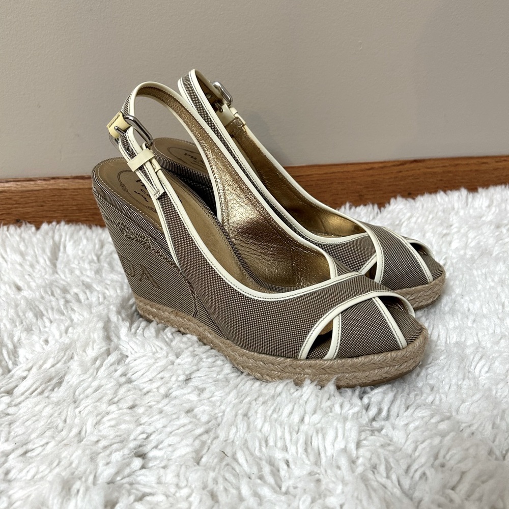 Prada Brown Canvas Espadrille Wedge Slingback with Cream Trim